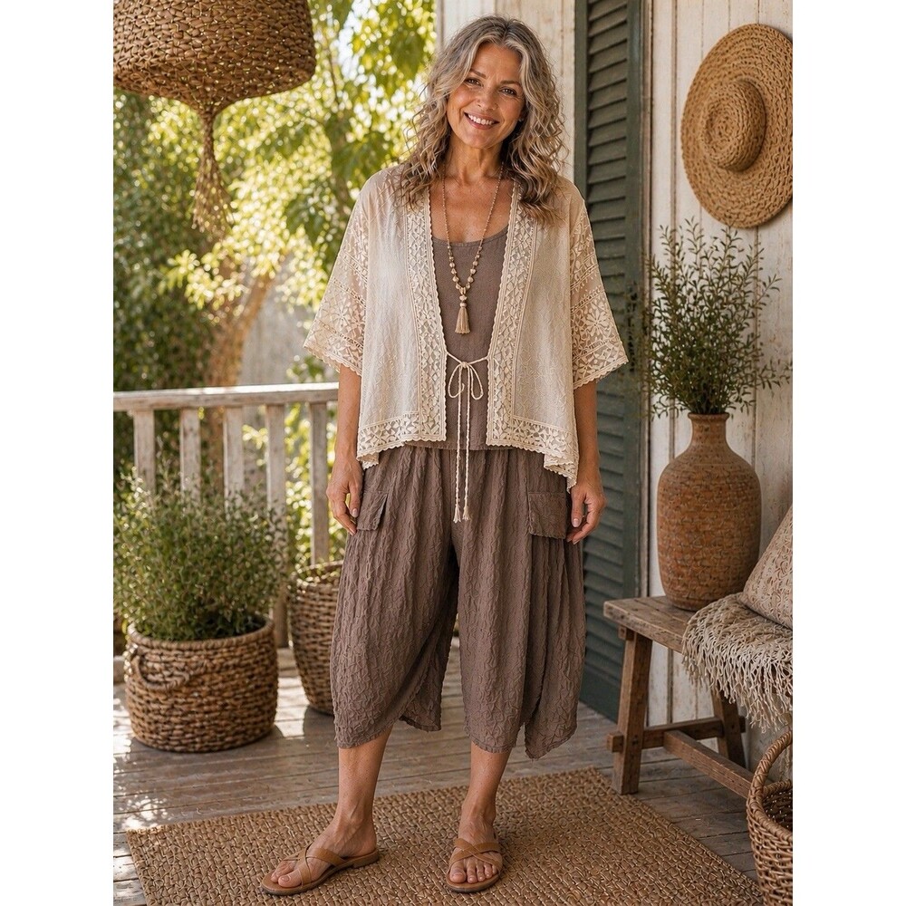 Johnny Was Open Front Short Embroidered Lace Kimono Tie Front Beige Boho Size S